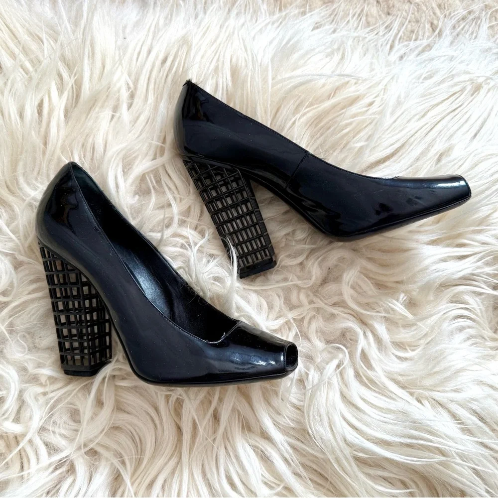 Yves Saint Laurent Black Patent Cage Heels - Picture 2 of 9